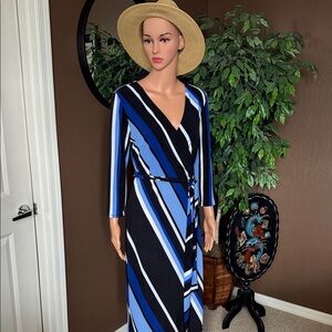 INC International Concepts Blue and Black Striped Long Sleeve Dress